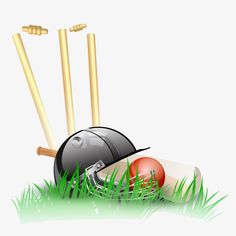 a cricket ball, bat and helmet laying on the ground in the grass with two bats