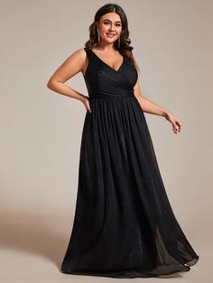 Feel elegant and confident in this stunning plus size V-neck sleeveless glitter A-line formal dress. The floor-length design adds a touch of sophistication, while the A-line silhouette flatters your curves. The sparkling glitter fabric will make you shine at any special occasion. This dress is specifically designed to fit and flatter plus-size figures, allowing you to feel comfortable and stylish all night long. Black Formal Plus Size Dress, Plus Size Prom Dresses Long, Black Maid Of Honor Dress Long Plus Size, Formal Plus Size Dresses, Black Sequin Prom Dress Plus Size, Black V-neck Sleeveless Dress For Formal Occasions, Plus Sized Black Bridesmaid Dresses, Black Evening Dresses Plus Size Ever-pretty, Dress For Chubby