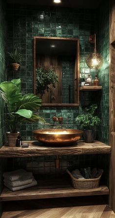 a bathroom with green tile and wooden accents, including a copper bowl sink in the center