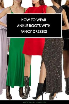 Looking for ways for how to wear elegant dresses with ankle boots with elegant dresses for a fancy party or night out? Learn how to style any dress, including cocktail dresses with ankle boots (with pictures!) at shoe-tease.com Dresses With Ankle Boots, Dress With Ankle Boots, How To Wear Ankle Boots, Dresses And Tights, Ankle Boots Dress, White Ankle Boots, Sock Booties, Sweater Maxi Dress, Fancy Party