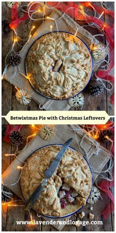 two pictures of pies with christmas decorations on them and one has a knife in it