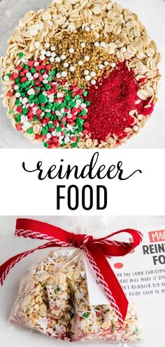 two pictures with the words reindeer food on them and an image of a bag full of candy