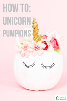 a white pumpkin decorated with flowers and a unicorn's horn on top that says, how to unicorn pumpkins