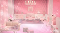 a pink bedroom with furniture and accessories in it's walls, including a chandelier