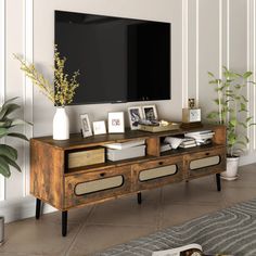 a living room with a large television on top of a wooden entertainment center next to a potted plant