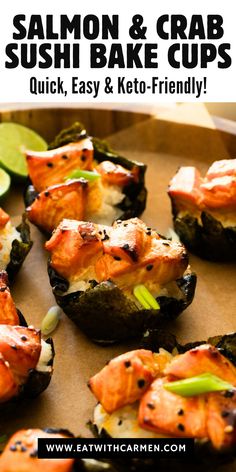 salmon and crab sushi bake cups with text overlay