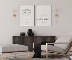 two black and white prints on the wall above a gray chair in a modern living room