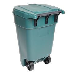 a blue plastic trash can with wheels