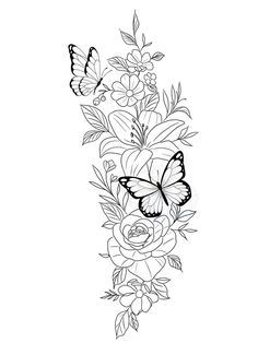 a line drawing of flowers and butterflies