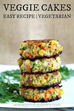 three vegetable cakes stacked on top of each other with text overlay that reads easy veggie cakes