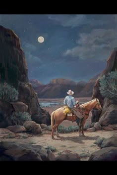 a painting of a man on a horse looking at the moon in the night sky