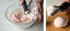 two pictures one showing the process of making ice cream and the other shows how to mix it together