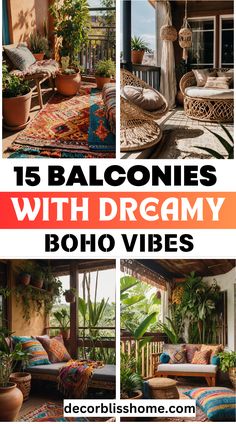 a collage of photos with text that reads 15 balconies with dreamy boho vibes