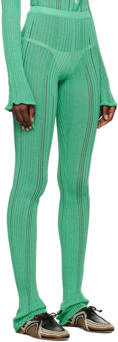 Flared rib knit viscose-blend trousers. · Laddering throughout · Elasticized waistband Supplier color: Green Performance Outfit, Curator Style, Bottoms Pants, Photo Sessions, Rib Knit, Apparel Accessories, Womens Bottoms, Tights, Women Wear