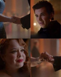 four different shots of the same person in formal attire, one with red hair and one with blue eyes