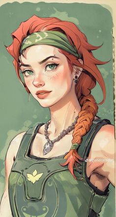 a drawing of a woman with red hair wearing a green top and braids on her head