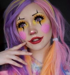 Pastel Wigs, Carnaval Make-up, Clown Face Paint, Cute Clown Makeup, Pastel Rainbow Hair, Pastel Wig, Rainbow Wig