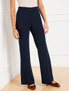 Tailored charm meets on-trend . Our fashion-forward flare leg pants are perfect for work and travel. Easy-to-pack, easy care. Simple elegance in lightweight, wrinkle-resistant fabric and a sophisticated fit. Features Flat Front/Trouser Flare Leg Hits High Waist Full Length Front zip with hook & bar closure Front Angled slip, Back welt pockets Lined Imported Fit: Misses: 31 1/2"; Petite: 29"; Plus: 31 1/2"; Plus Petite: 29" Material: 69% Triacetate, 31% Polyester; Lining: 100% Polyester Care: Mac Travel Pants Women, Work And Travel, Italy Trip, Travel Pants, Paris Outfits, Flare Leg Pants, Classic Style Women, Fashion 2024, Easy Travel