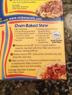 the recipe book for oven baked stew is on display