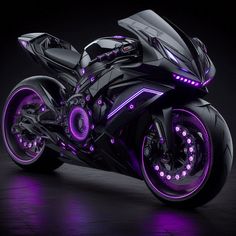 a futuristic motorcycle with purple lights on it