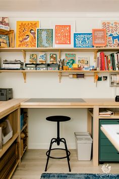 a desk with some books on the shelves