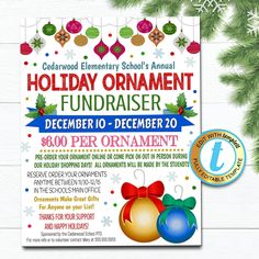 the holiday ornament fundraiser flyer is displayed on a white background with christmas decorations