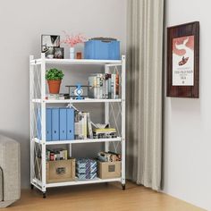 a white shelving unit in a living room