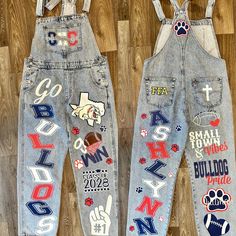 Football Jeans, Hoco Pants, Homecoming Jeans Ideas, Senior Clothes, Homecoming Overalls, Homecoming Jeans, Hoco Jeans, Senior Painted Jeans, Senior Pants