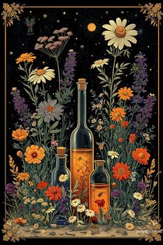 a painting of flowers and bottles in front of a black background with gold trimmings