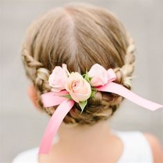 Flower Girl Updo, First Communion Hairstyles, Girls Updo, Communion Hairstyles, Flower Braids, Flowers In Her Hair, Elegant Wedding Hair, Ribbon Hairstyle, Dark Blonde Hair