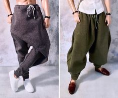 "This PDF file includes a pattern description, illustrated instruction sheets, and a printable pattern for a pair of asymmetrical drop-crotch joggers, and flowing harem pants, with a working drawstring, and functional hip pockets. This pattern is designed to fit medium to broad build 12\" (1:6) fashion dolls, like Model Muse Ken dolls, or Ken Fashionistas. It may fit other types of dolls as well.  This pattern is best suited for intermediate and experienced hand sewers.     To see more pictures of pants made with this pattern, check out @tiny_apparel_and_gus on instagram." Drop Crotch Pants Pattern, Harem Pants Sewing Pattern, Afghan Pants, Ken Dolls, Pants Sewing, Drop Crotch Pants, Pants Sewing Pattern, Ken Doll, Scrub Pants