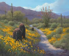 a painting of a dirt road in the desert with wildflowers and cactus trees