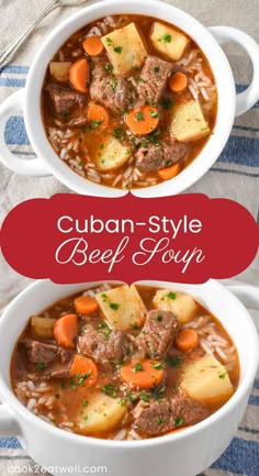 two white bowls filled with beef stew and carrots on top of a blue and white towel