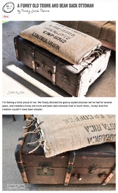 an old trunk and bean sack ottoman is upcycled with burlap to make it look new