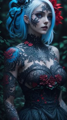 a woman with blue hair and tattoos on her body is posing for a photo in front of flowers