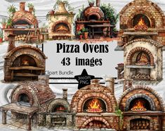 pizza ovens and fireplaces are shown in this digital clip art pack for the project