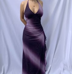 Purple Prom Dress Elegant, Cool Prom Looks, Purple Halter Prom Dress, Long Purple Prom Dress, Plunge Neckline Prom Dress, Purple Vintage Prom Dress, 90s Purple Prom Dress, Prom Dress Dark Purple, 00s Prom Dress