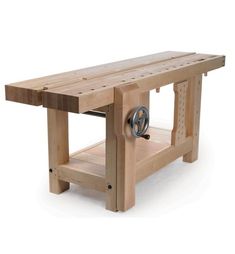 a small wooden table with wheels on it