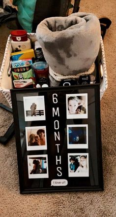 a basket filled with items sitting on top of a carpeted floor