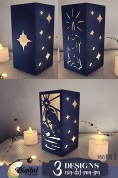 three different views of the paper lantern with candles in front of it and on the side