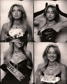 black and white photos of women wearing tiaras with flowers in their hair, one holding a cake