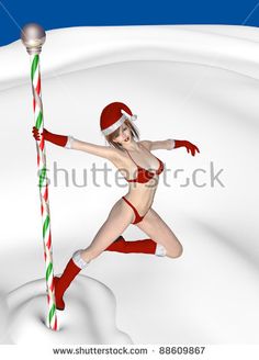 a woman dressed as santa claus holding a candy cane in front of a snow covered background