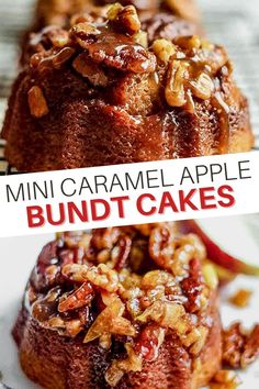 mini caramel apple bundt cakes on a white plate with the title above it