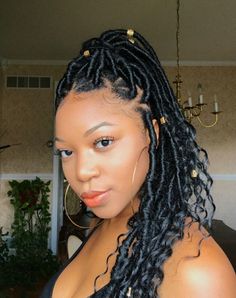 locs goddess hairstyles half faux styles down style ponytail hair african hairstyle women protective american soft messy beautiful girls look Faux Locs Medium Length, Faux Locs Medium, Crochet Goddess Faux Locs, Crochet Goddess, Goddess Faux Locs, Shoulder Hair, Funky Hairstyles, Fringe Hairstyles