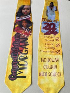 two yellow neck ties with images of women and men on them, one has the words class of 2013