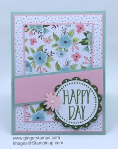 a happy day card with flowers and polka dots on the bottom, and a pink ribbon around the corner