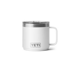 a white yeti coffee mug with the word yeti on it's side