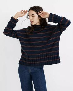 Madewell Striped Glenmoor Mockneck Sweater Style#: MA742 Cotton-Merino Yarn / Navy Blue Size: Large Swingy, striped and snuggle-friendly, this mockneck sweater has ribbed details with rolled edges and cool cuffed sleeves. Breathable and all-natural, it's made of 70 percent cotton and 30 percent merino wool yarn. Boxy fit. Body length from high point of shoulder: 23 3/8" (based on size M). Do Well: We partner with the Better Cotton Initiative to improve cotton farming globally. Cotton/merino wool Madewell Outfits, Sweaters Striped, Cable Turtleneck Sweater, Mockneck Sweater, Mock Turtleneck Sweater, Merino Wool Yarn, Madewell Sweater, Yarn Sizes, Madewell Sweaters