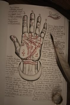 an open book with a drawing of a hand on it