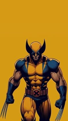 the wolverine is standing in front of a yellow background with his hands on his hips